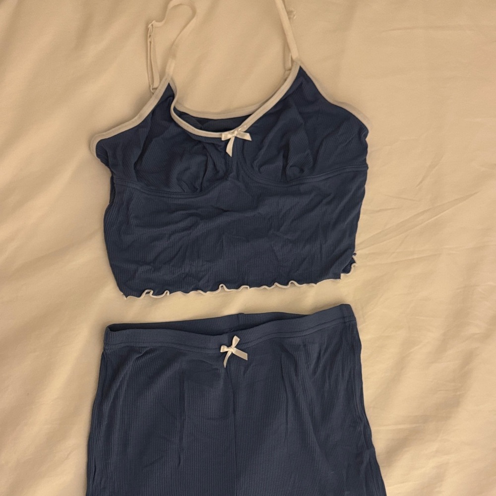 Blue and White Crop Top and pants Set